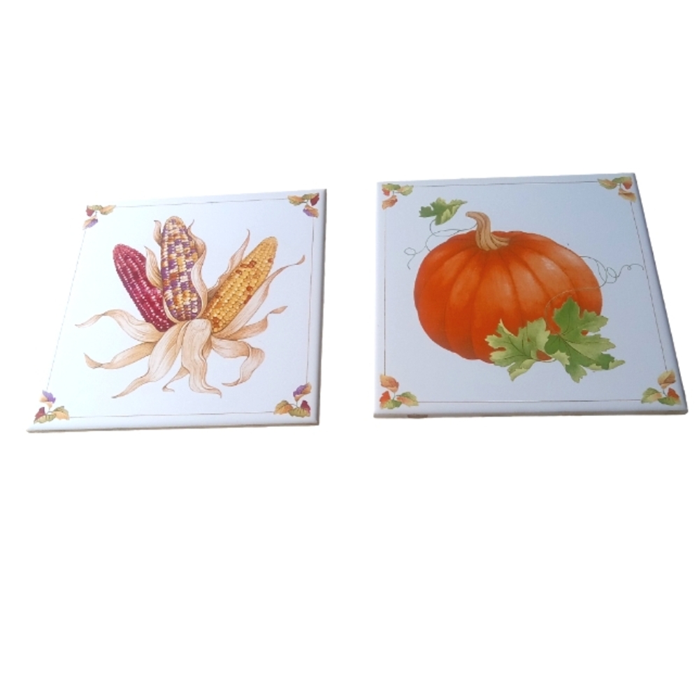 Vintage 1984 Avon Shades Of Autumn Ceramic Pumpkin/Corn Trivets Tiles.